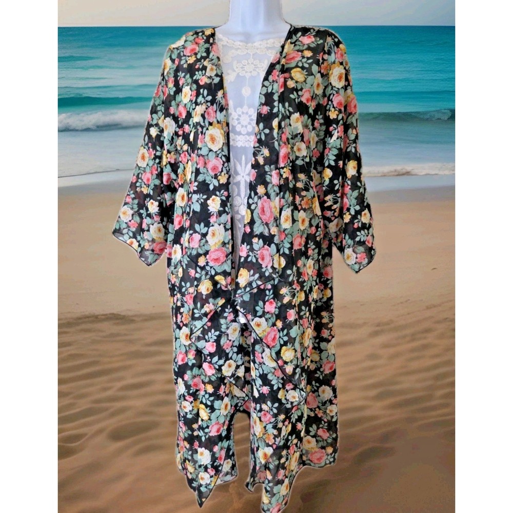 LuLaRoe Kimono L Black Floral Sheer Cover up Cascading Waterfall Front Flowy